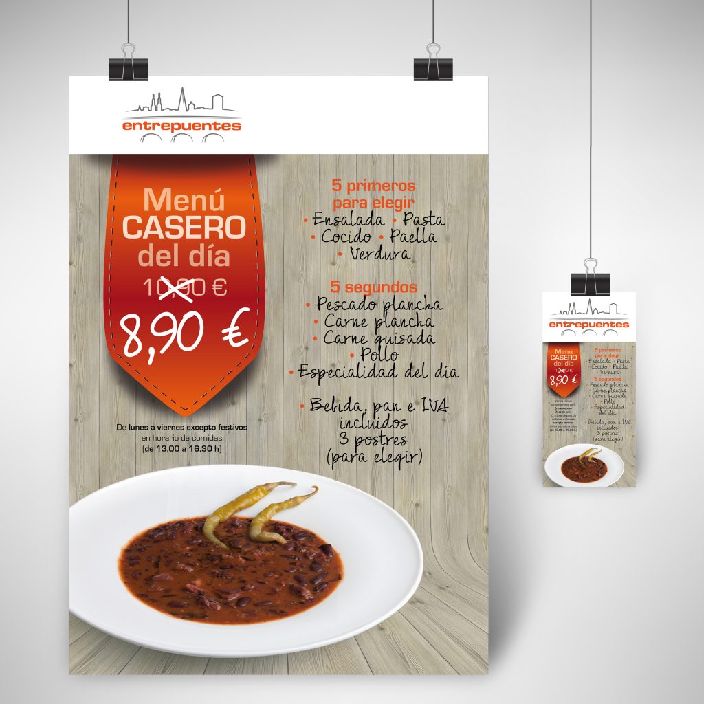 Diseño de flyer y adaptación a cartel promocional para el interior de los Restaurantes Entrepuentes. Logroño, La Rioja. 2014.